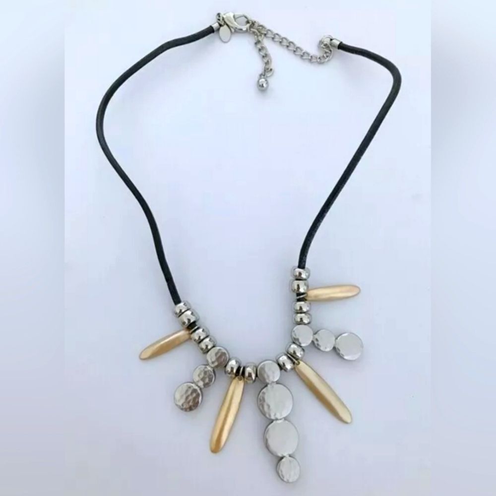 CHICO'S BLACK LEATHER CORD SILVER/GOLD 18"-22" NECKLACE NWOT